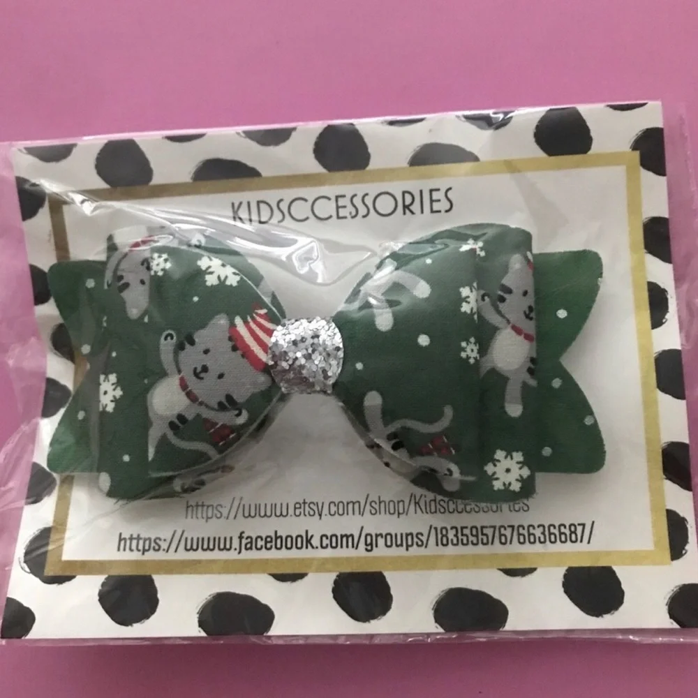 Green Holiday Cat Print Bow Hair Clip, New